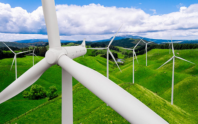 Wind turbines on green fields