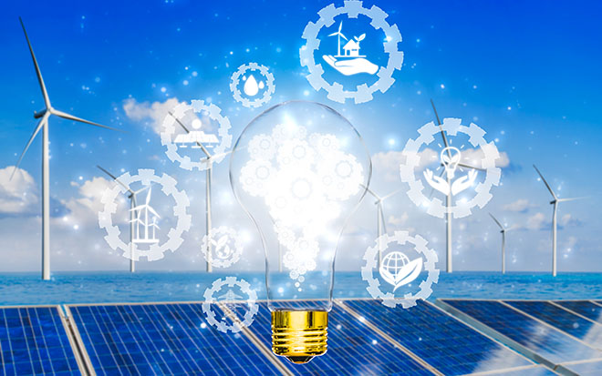 Light bulb with wind turbines and solar panelsS