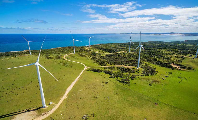 Blue skies, green grass, and wind turbines